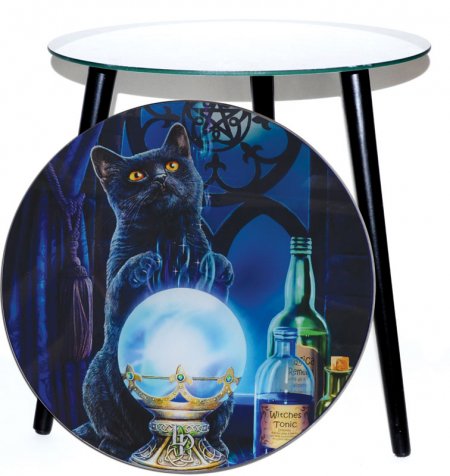 Witches Apprentice Glass Altar Table with Black Cat